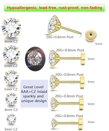 Stainless Steel Stud and Hoop Earrings Sets for Ear Stacks | Choose gold or silver pearl studs, CZ studs, flat backs, butterfly backs, hoops and multi-pair ear stack sets. - color: 5 Pairs Gold-Flat Back
