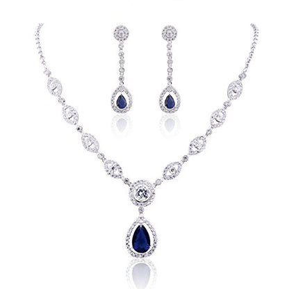 GULICX AAA Cubic Zirconia CZ Silver Plated Base Women's Party Jewelry Set Earrings Pendant Necklace - color: Blue