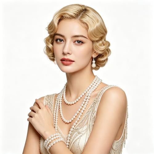 Long Pearl Necklaces for Women Cream White Faux Pearl Strand Layered Necklace Costume Jewelry - color: 3PCS-Necklace,Bracelet,Earring