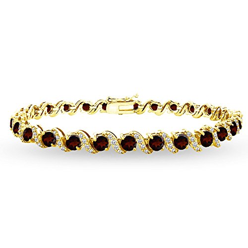 B. BRILLIANT Sterling Silver Genuine, Created or Simulated Gemstone Round S Design Tennis Bracelet for Women - color: Garnet - Gold Flash