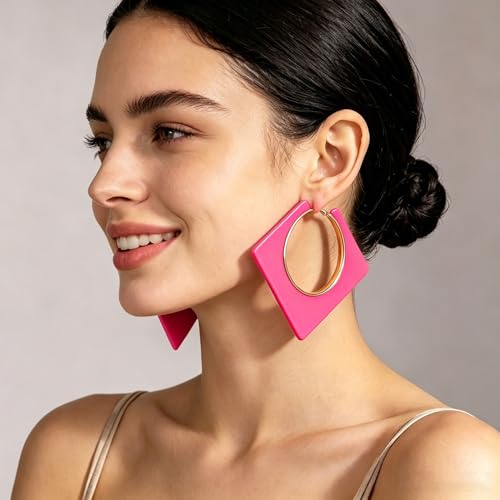 Colorful Large Hoop Earrings for Women Big Square Hollow Hoops Dangle Earrings Trendy Chunky Geometric Square Earring 80s 90s Neon Hoop Dangle Earrings - color: rose red