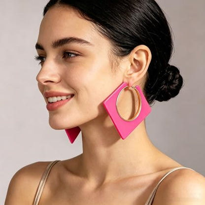 Colorful Large Hoop Earrings for Women Big Square Hollow Hoops Dangle Earrings Trendy Chunky Geometric Square Earring 80s 90s Neon Hoop Dangle Earrings - color: rose red