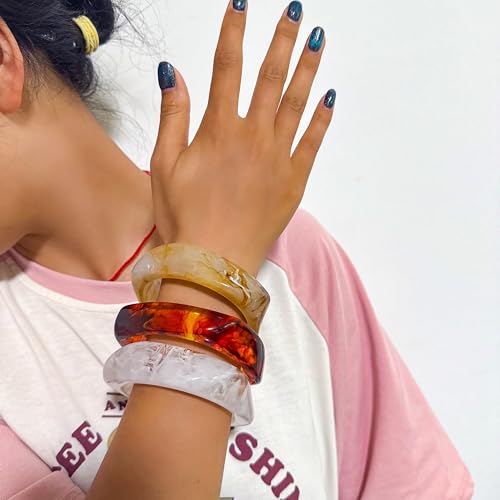 2PCS Chunky Acrylic Bracelet for Women Large Square Resin Cuff Vintage Open Bangle Bracelets Wide Geometric Jewelry - style: 3PCS-white+red+yellow