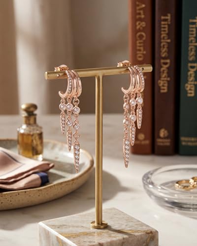 Gold Earrings for Women Trendy 14K Gold Plated Dangle Earrings Small Hoop Huggie Drop Stud Earrings Cubic Zirconia Simple Minimalist Dainty Chain Tassel Hypoallergenic Earrings - color: Tassel & Rose Gold