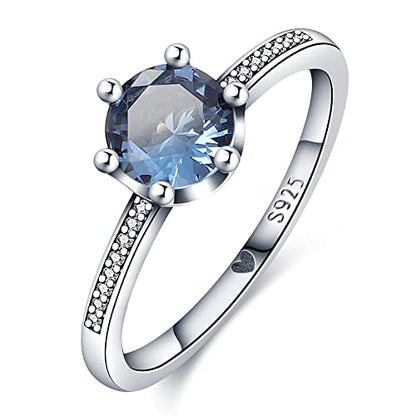 KUNSIR 925 Silver Cubic Zirconia Ring Size 7-9 Wedding Band Sterling Silver Eternity Ring Modern Style - style: Blue gem glittering crown Ring