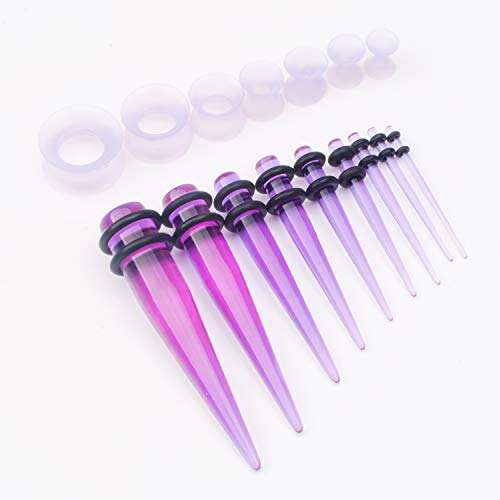 50-Piece Ear Gauges Stretching Kit, 14G-00G | Acrylic tapers and plugs with soft silicone tunnels, body piercing jewelry for women and men - color: Purple