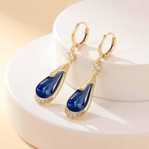 Trendy Austrian Crystal Teardrop Drop Huggie Dangle Earrings for Women 14k Rose Gold Plated Hypoallergenic Jewelry Gifts - color: Dark Blue