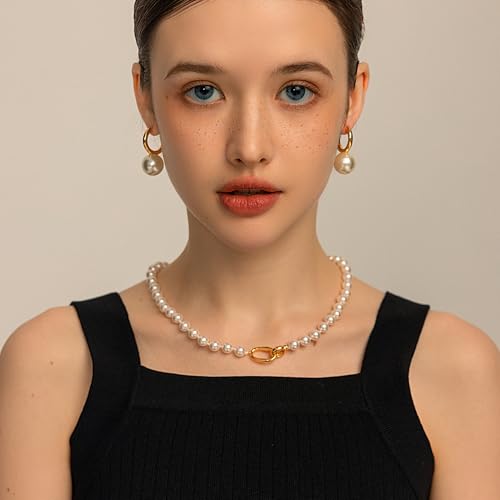 Pearl Necklace for Women Paperclip Chain Chunky Gold Necklace, Freshwater Cultured Pearls Trendy Link Chain 18K Gold Plated Dainty Pearl Choker - color: 8mm White Pearl Necklace