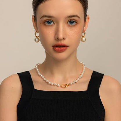 Pearl Necklace for Women Paperclip Chain Chunky Gold Necklace, Freshwater Cultured Pearls Trendy Link Chain 18K Gold Plated Dainty Pearl Choker - color: 8mm White Pearl Necklace