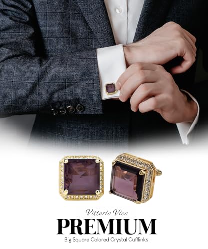 Large Big Square Crystal Color Stone Cuff Links for Men – Tuxedo Suit Accessories, Cufflinks for Men - style: Purple/Gold