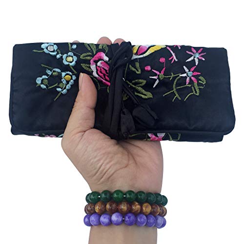 Travel Jewelry Roll Bag - Silk Embroidered Brocade Pouch for Rings, Necklaces, Earrings, Bracelets | Lightweight & Tie Closure (Black) - color: Black