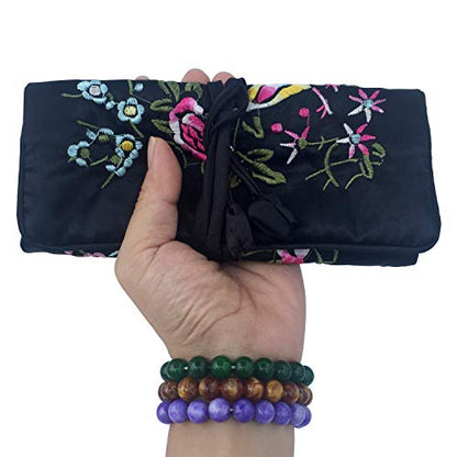 Travel Jewelry Roll Bag - Silk Embroidered Brocade Pouch for Rings, Necklaces, Earrings, Bracelets | Lightweight & Tie Closure (Black) - color: Black