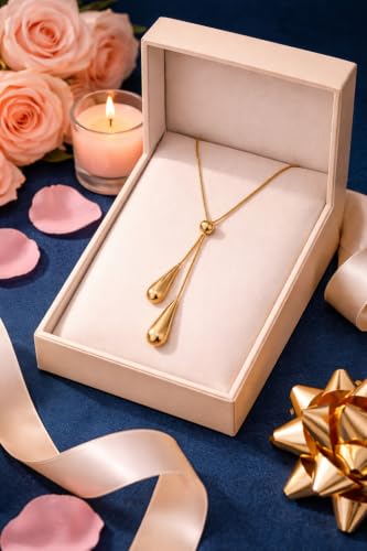 Gold Double Teardrop Lariat Necklace, Drop Style Chain | Adjustable Length, Dual Pendant Drop, Polished Finish, Y-Style Lariat, Women's Jewelry
