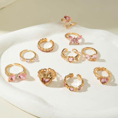 Gold Rings for Women Non Tarnish Stackable Rhinestone Moon Star Rings Dainty Stacking Pearl Butterfly Midi Pinky Thumb Joint Finger Knuckle Ring Set Gold Non Tarnish Jewelry Gifts Trendy Stuff - color: O Gold Bow Rings 10Pcs