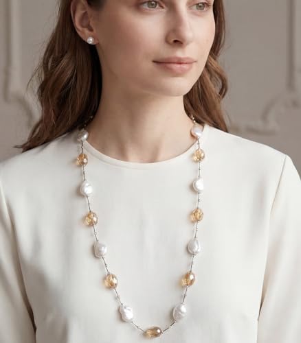 Errally Long Pearl Necklace and Earring Set Layered Pearl Beaded Necklaces for Women White Costume Jewelry Sets Gifts for Mom - color: 14-Champagne