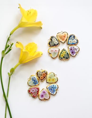 Handmade Heart Shaped Dried Pressed Forget Me Not Flower Photo Locket Pendant Necklace - color: Gold, style: PINK+GREY
