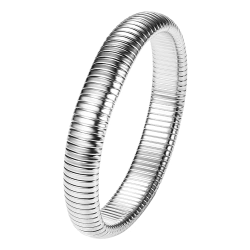 NMQLX Women's Elastic Bangle Bracelets: Stainless Steel Gold Chunky Wristband Bracelets - color: Silver - 12mm