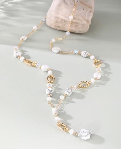 FULU AUTUMN Long Gold Beaded Necklaces for Women Natural Stone Bead Statement Pendant Necklace Y Sweater Chain Fashion Jewelry Gifts - color: White