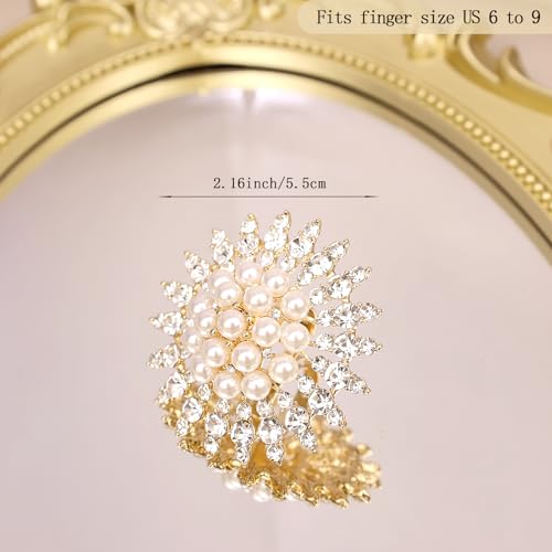 Elegant Big Crystal Ring for Women Gold Stacking Pearl Rhinestone Flower Rings Open Finger Adjustable Crystal Statement Ring Jewelry for Bridal Wedding - color: Crystal 2-silver