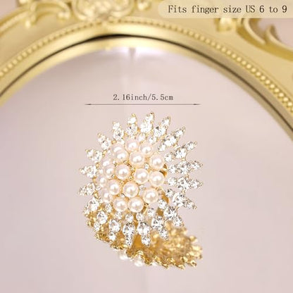 Elegant Big Crystal Ring for Women Gold Stacking Pearl Rhinestone Flower Rings Open Finger Adjustable Crystal Statement Ring Jewelry for Bridal Wedding - color: Crystal 2-silver
