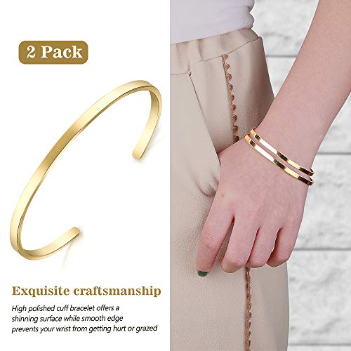 Lolalet Thin Open Cuff Bracelet, Christmas Gift for Girlfriend Wife Mom, 18K Gold Plated Couples Oval Love Bracelets, Plain Polished Finish Open Cuff Bangle Jewelry Gift for Men Women - style: 2 Pack, Oval