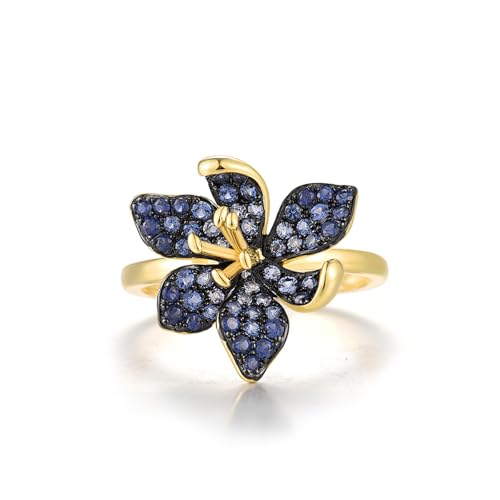 Santuzza Sterling Silver Gemstone Flower Ring for Women - color: [A]Lily-Sapphire
