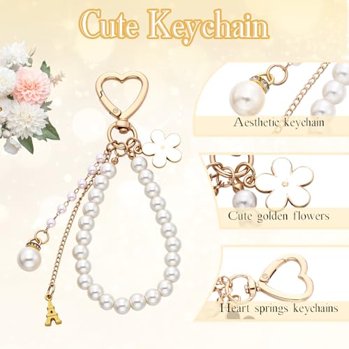 Sureio 5 Pcs Bag Extender Chain Pearl Purse Chain Ribbon Bow Keychain Extender Bag Strap Purse Charms Accessories for Handbag - color: Gold and White