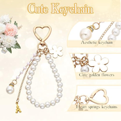 Sureio 5 Pcs Bag Extender Chain Pearl Purse Chain Ribbon Bow Keychain Extender Bag Strap Purse Charms Accessories for Handbag - color: Gold and White