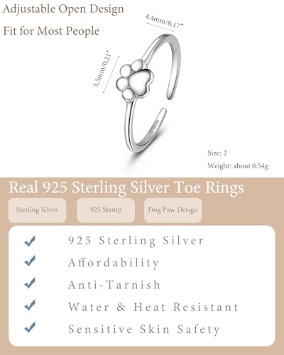 SUYACS 925 Sterling Silver Dog Cat Paw Print Toe Rings for Women | Puppy Pet Animal Claw Adjustable Open Pinky Ring Hypoallergenic Summer Holiday Beach Foot Jewelry Gifts for Mother Daughter - color: Style 2-Dog Paw