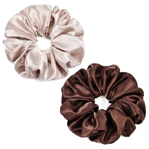 2 PCS Brown Jumbo Satin Silky Scrunchies 6.5 Inches Oversized Scrunchie Extra Large Big Hair Ties Ponytail Holder for Thick Curly Hair Women (Brown, Pink Taupe) - color: Brown, Pink Taupe