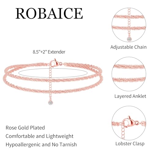 Robaice Ankle Bracelets for Women, 14K Gold Plated/Silver Layered Anklets | Waterproof Adjustable Anklet for Women, Summer Beach Anklet, Glitter Jewelry for Women Gifts - color: Rose Gold