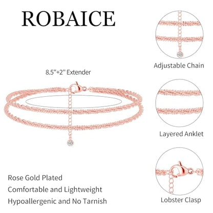 Robaice Ankle Bracelets for Women, 14K Gold Plated/Silver Layered Anklets | Waterproof Adjustable Anklet for Women, Summer Beach Anklet, Glitter Jewelry for Women Gifts - color: Rose Gold