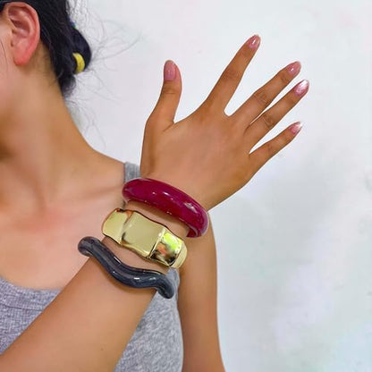 2PCS Chunky Acrylic Bracelet for Women Large Square Resin Cuff Vintage Open Bangle Bracelets Wide Geometric Jewelry - style: C-Gold+Red+Black