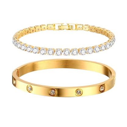 Stackable Gold Bracelets for Women - 2Pcs 18K Gold Plated Cubic Zirconia Bangle Bracelet Friendship Tennis Bracelet Stack Jewelry,Party Christmas Birthday Gift for Girlfriend Sister Wife Daughter - style: Gold Set_7