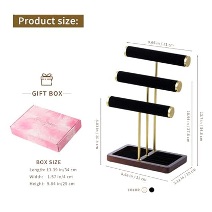 modern T-shaped jewelry rack, jewelry tower, gold metal, square ceramic base decoration display tower, necklace, bracelet, ring storage rack (3-layer black velvet) - style: 3-layer black velvet