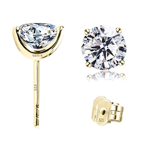 "STUNNING FLAME" Solid 14K Gold Post & Sterling Silver Round Cut Cubic-Zirconia Stud CZ Earrings | Hypoallergenic Jewelry - color: Gold Plated Sterling Silver - Yellow, size: 1.5 Carat-(0.75ct*2)-6mm