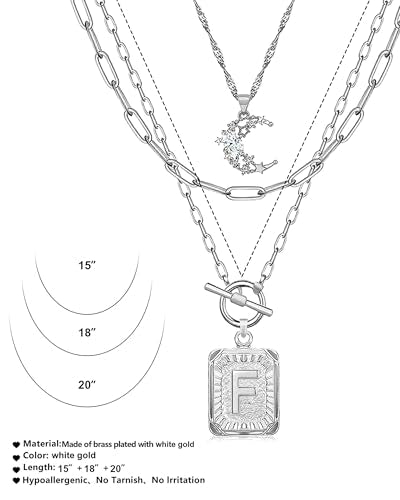 MJartoria Layered Initial Necklaces for Women Trendy, 14K Gold Plated Brass Simple Moon Choker Square Letter Pendant Necklace, Paperclip Chain Necklaces Jewelry Gifts - color: Silver, style: F