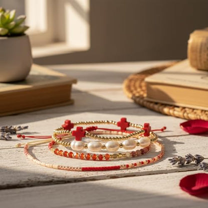 5Pcs Stack Gold Plated Ball Beaded Bracelets Set for Women, Boho Handmade Colorful Glass Pearl Stretch Accessories Jewelry, Summer Beach Daily Wear Holiday Friendship Gift - color: Red Cross