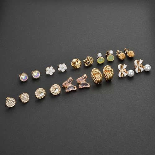 Tornito 10-15 Pairs Clip on Stud Earrings Non Pierced Teardrop Round Square CZ Pearl Twist Knot Flower Butterfly Heart Star Rainbow Cat Opal Clip on Earrings for Women - color: I:10 Pairs Gold Tone