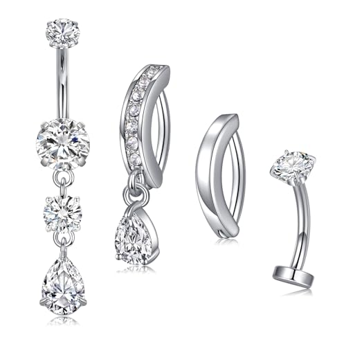 VCMART Belly Button Ring Belly Button Piercing Belly Rings Dangle Belly Button Rings Surgical Steel Clicker Floating Belly Button Rings for Women 14G Silver Gold Belly Navel Piercings Jewelry - color: B -4pcs, silver