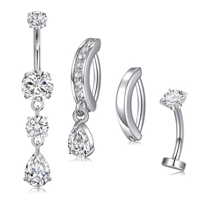 VCMART Belly Button Ring Belly Button Piercing Belly Rings Dangle Belly Button Rings Surgical Steel Clicker Floating Belly Button Rings for Women 14G Silver Gold Belly Navel Piercings Jewelry - color: B -4pcs, silver
