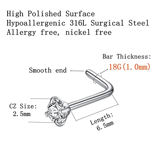 316L Surgical Steel 22g/20g/18g Nose Rings Studs L-Shape Nose Nostrial Piercing Body Jewerly L Shaped Nose Studs 1.5mm 2mm 2.5mm 3mm CZ Nose Screw Studs Rings for Women - style: 6pcs/L-shape/18g/2.5mm Clear CZ/Silver