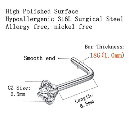 316L Surgical Steel 22g/20g/18g Nose Rings Studs L-Shape Nose Nostrial Piercing Body Jewerly L Shaped Nose Studs 1.5mm 2mm 2.5mm 3mm CZ Nose Screw Studs Rings for Women - style: 6pcs/L-shape/18g/2.5mm Clear CZ/Silver