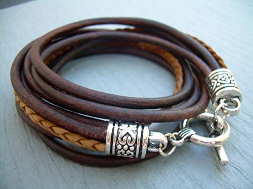 Womens Leather Bracelet, Five Strand, Double Wrap, Antique Brown/Natural, Womens Jewelry, Womens Bracelet, Wrap Bracelet, Leather, Jewelry