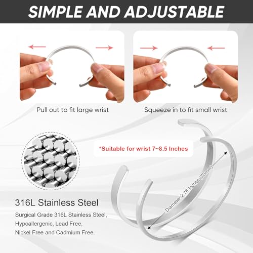Stainless Steel Mens Cuff Bracelet : Minimal Cool Silver/Black/Gold Plated Open Metal Cuff Bangle Bracelets for Men,Mens Bracelet Jewelry Gift - color: Silver-2-Pack, size: Large( fit 7" to 8.5" wrist)