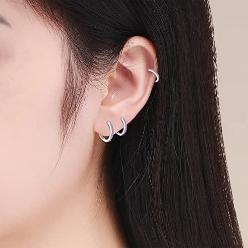 3 Pairs 925 Sterling Silver Small Hoop Earrings for Women Men | Cubic Zirconia, 14K White Gold Plated Huggie Hoop Earrings, Hypoallergenic - style: Q-pink cz 8/10/12mm