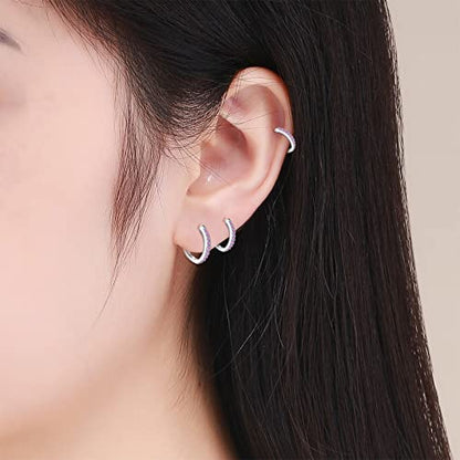 3 Pairs 925 Sterling Silver Small Hoop Earrings for Women Men | Cubic Zirconia, 14K White Gold Plated Huggie Hoop Earrings, Hypoallergenic - style: Q-pink cz 8/10/12mm