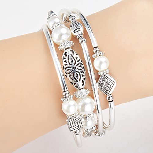 BULINLIN Layered Wrap Bangle Turquoise Bracelet - Bead Bracelet with Natural Agate Stone, Gifts For Women - color: 03-White pearl