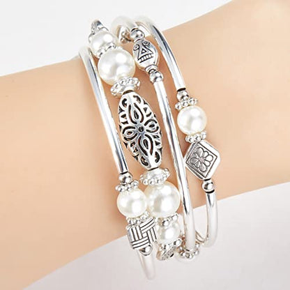 BULINLIN Layered Wrap Bangle Turquoise Bracelet - Bead Bracelet with Natural Agate Stone, Gifts For Women - color: 03-White pearl