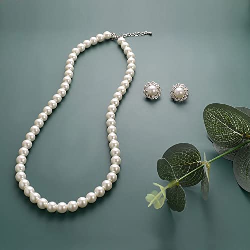 8mm 10mm Faux Pearl Necklace Earrings Set for Women White Black Round Glass Pearl Wedding Jewelry Gifts - color: Flower White Pearl-Ear Clips Set, size: 8mm